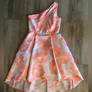 Adrianna Papell One Shoulder Coral Floral Jacquard High-Low Midi Dress